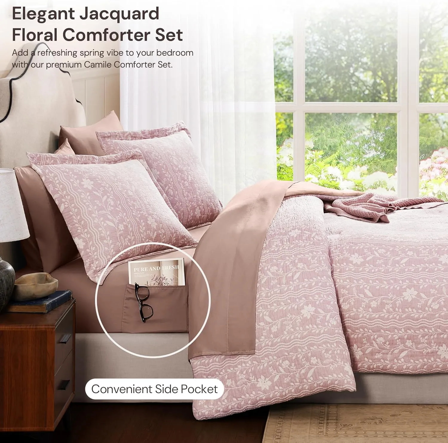 King Size Comforter Set - 7 Pieces Floral Pink Bedding for All Seasons, Farmhouse Shabby Chic Embroidery Bed Set, Soft Jacquard King Comforter Set with Sheets, Pillowcases & Shams