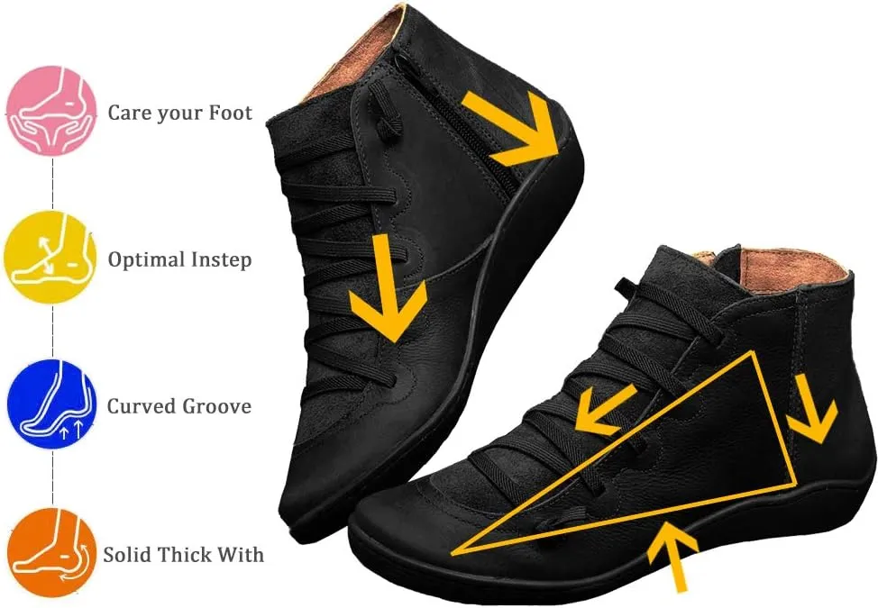 KINOW Arch Support Boots Women Leather Ankle Boots High Top Wedge Bootie Damping Shoes