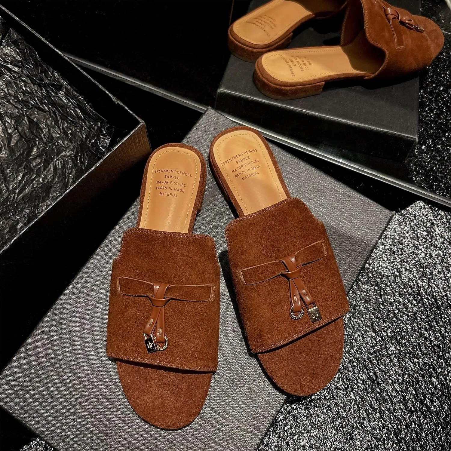 Kluolandi Cute Slides for Women Dressy Comfortable Slip On Open Toe Flat Slide Sandals Suede Leather Slide Slippers