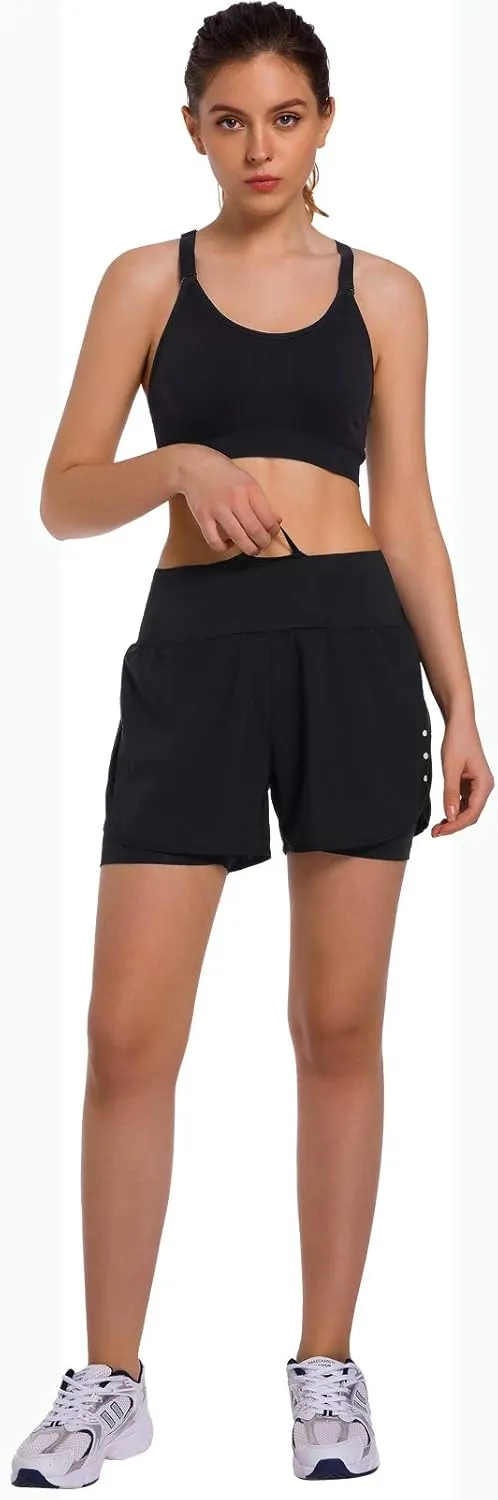 Ksmien Women's 2 in 1 Running Shorts - Lightweight Athletic Workout Gym Yoga Shorts Liner with Phone Pockets