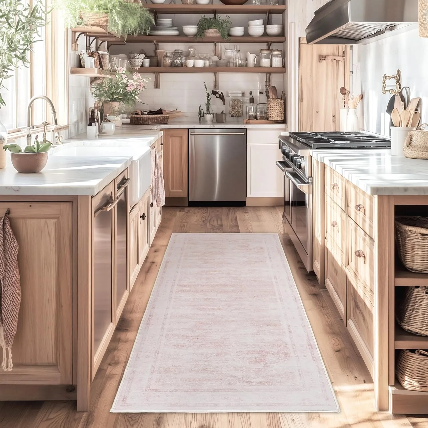 LAISE Boho Pink Runner Rug 2x8 ft – Non-Slip, Washable Area Rug for Hallway, Kitchen, or Outdoor Use