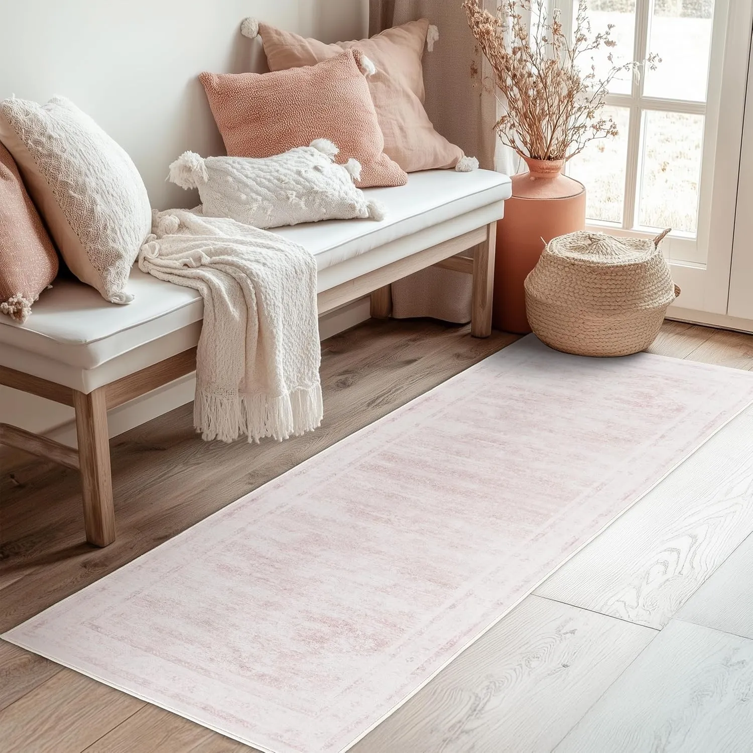 LAISE Boho Pink Runner Rug 2x8 ft – Non-Slip, Washable Area Rug for Hallway, Kitchen, or Outdoor Use