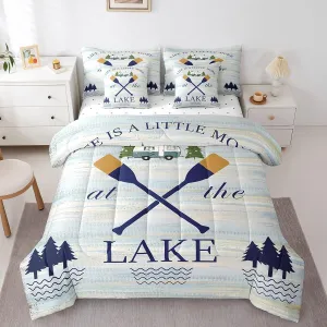Lake House Comforter Set Rv Camping Bedding Set 7 Pieces Full Size,Happy Car Travel Camper Bed In A Bag for Women Men Adults,Rustic Country Lodge Cabin Sheet Set With Comforter for Farm Decor