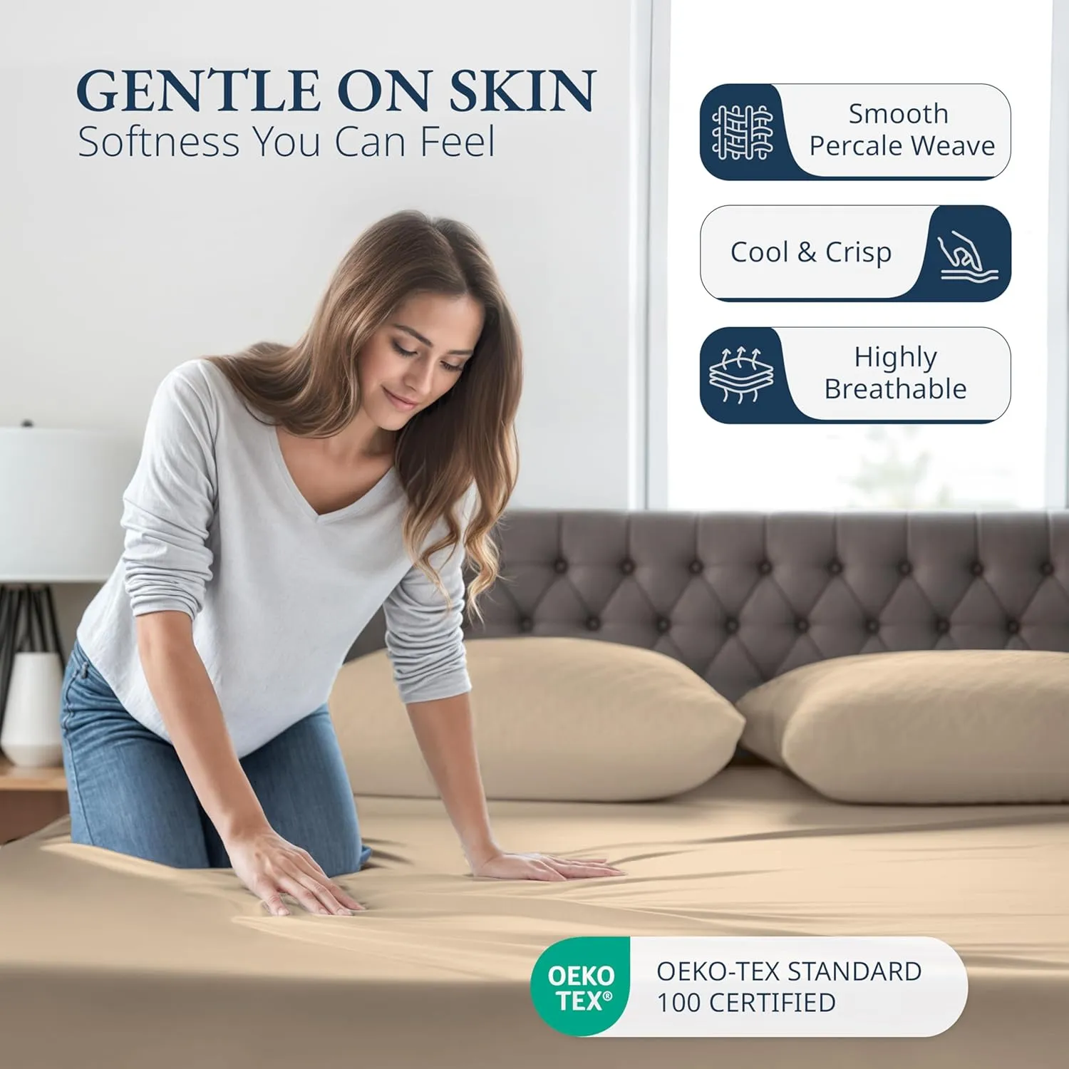 LANE LINEN Queen Fitted Sheet & 2 Pillowcases, 100% Organic Cotton, Percale Weave, Soft & Breathable, Fits Mattress Up to 15" Deep - Linen (No Flat Sheet)