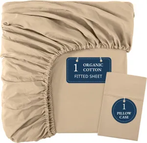 LANE LINEN Queen Fitted Sheet & 2 Pillowcases, 100% Organic Cotton, Percale Weave, Soft & Breathable, Fits Mattress Up to 15" Deep - Linen (No Flat Sheet)
