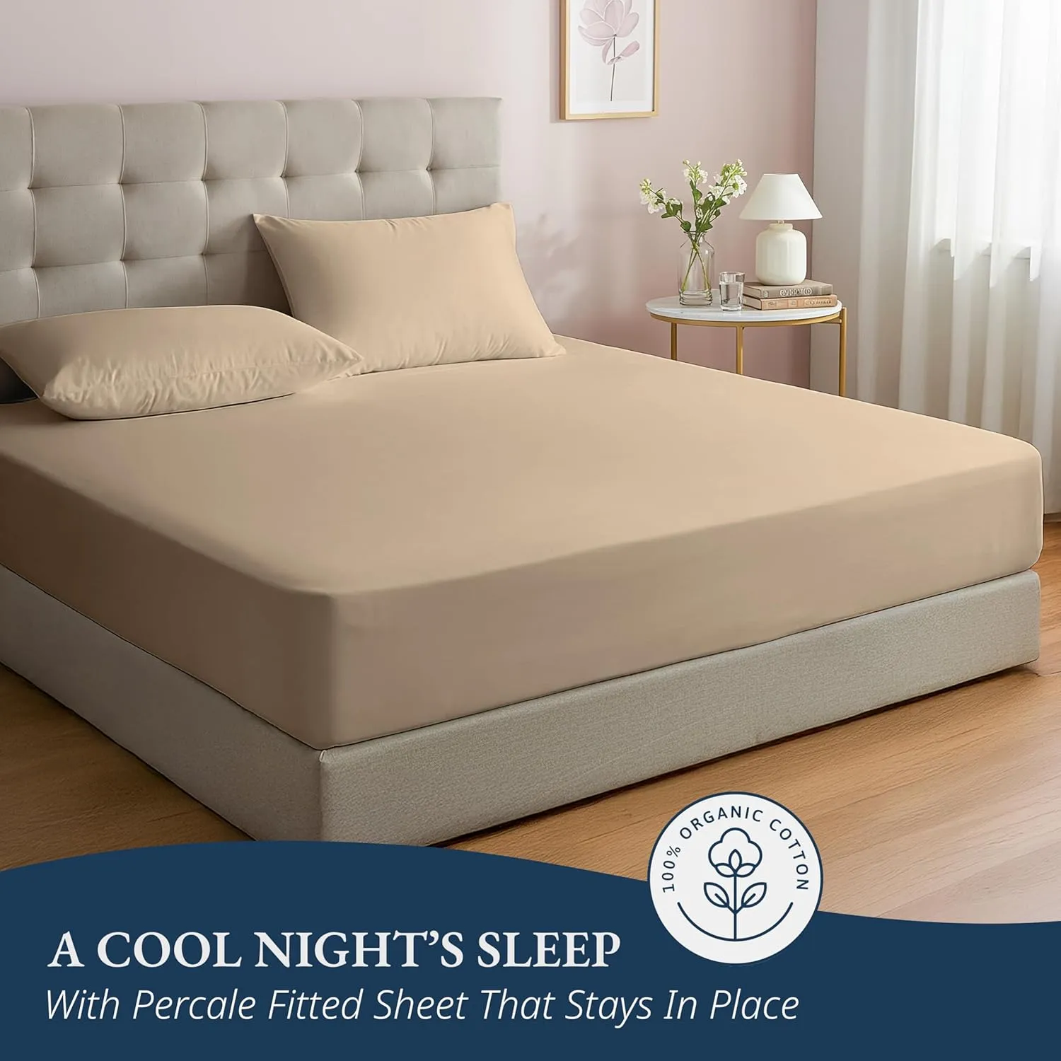 LANE LINEN Queen Fitted Sheet & 2 Pillowcases, 100% Organic Cotton, Percale Weave, Soft & Breathable, Fits Mattress Up to 15" Deep - Linen (No Flat Sheet)
