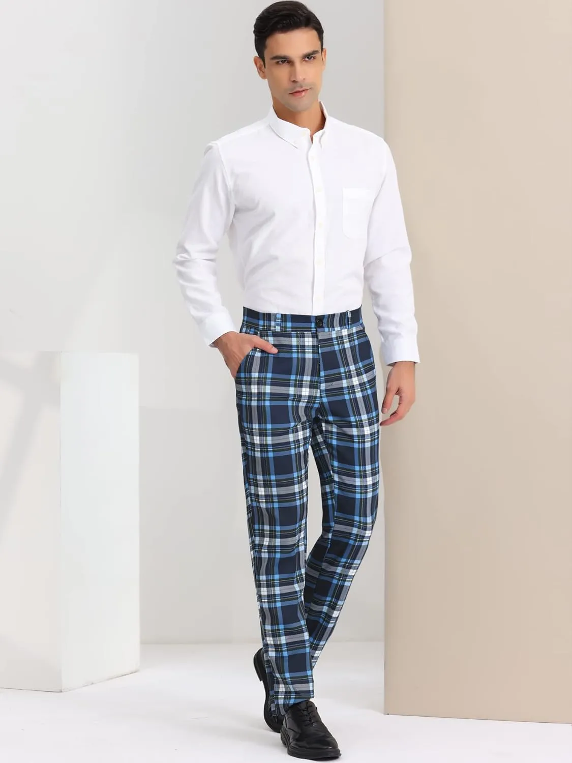 Lars Amadeus Men's Plaid Pants Regular Fit Flat Front Classic Elastic Waist Suit Pants