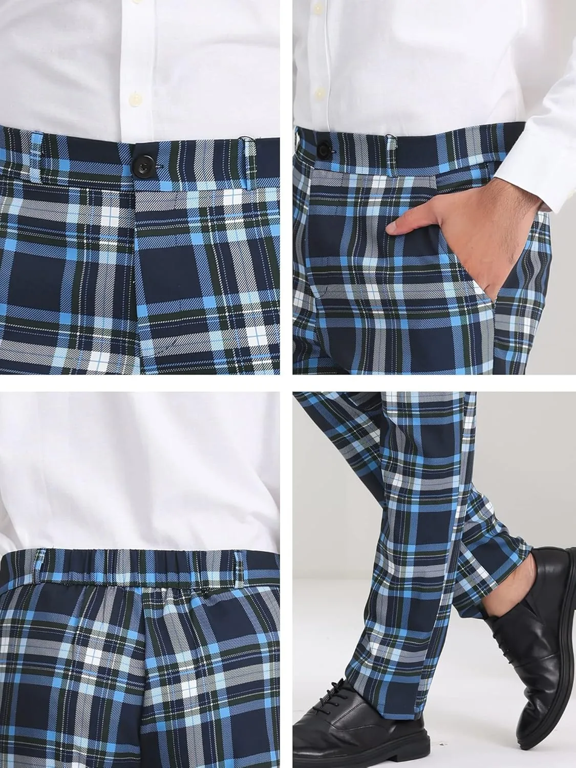 Lars Amadeus Men's Plaid Pants Regular Fit Flat Front Classic Elastic Waist Suit Pants