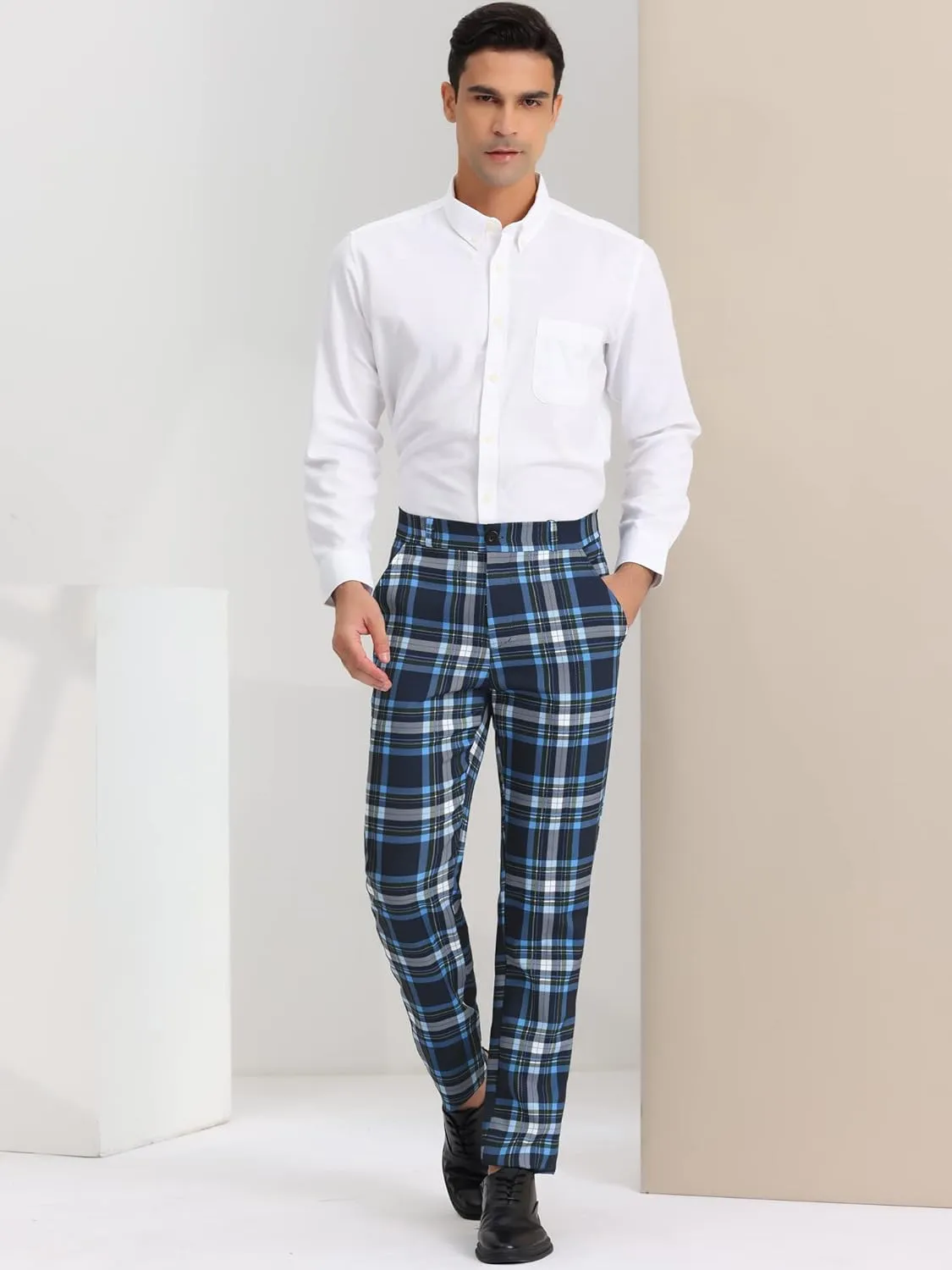 Lars Amadeus Men's Plaid Pants Regular Fit Flat Front Classic Elastic Waist Suit Pants