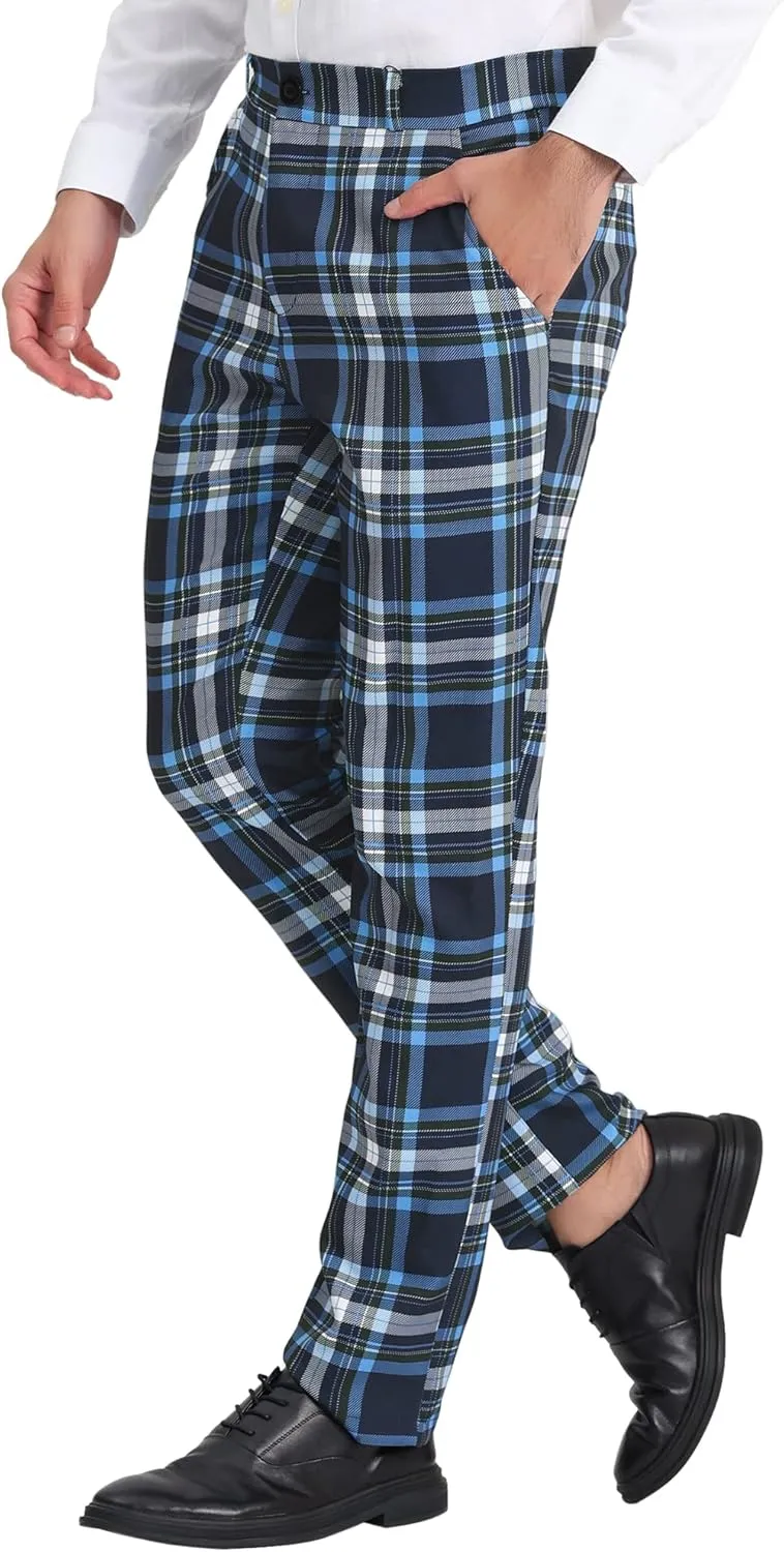 Lars Amadeus Men's Plaid Pants Regular Fit Flat Front Classic Elastic Waist Suit Pants