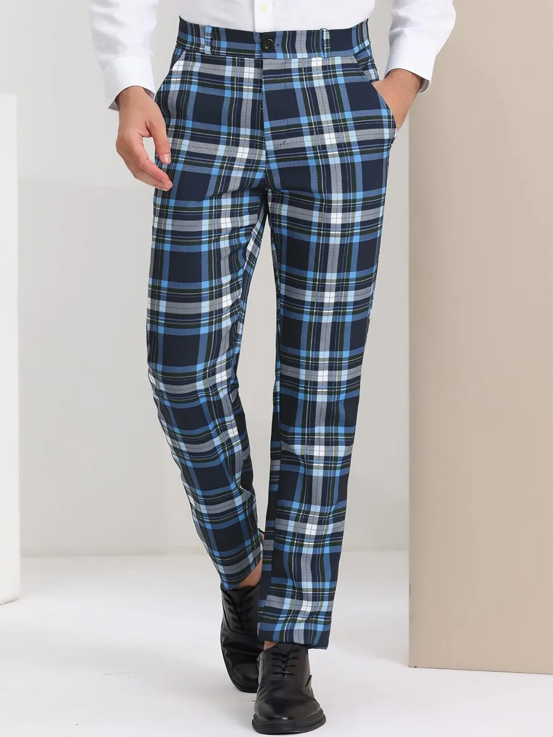 Lars Amadeus Men's Plaid Pants Regular Fit Flat Front Classic Elastic Waist Suit Pants