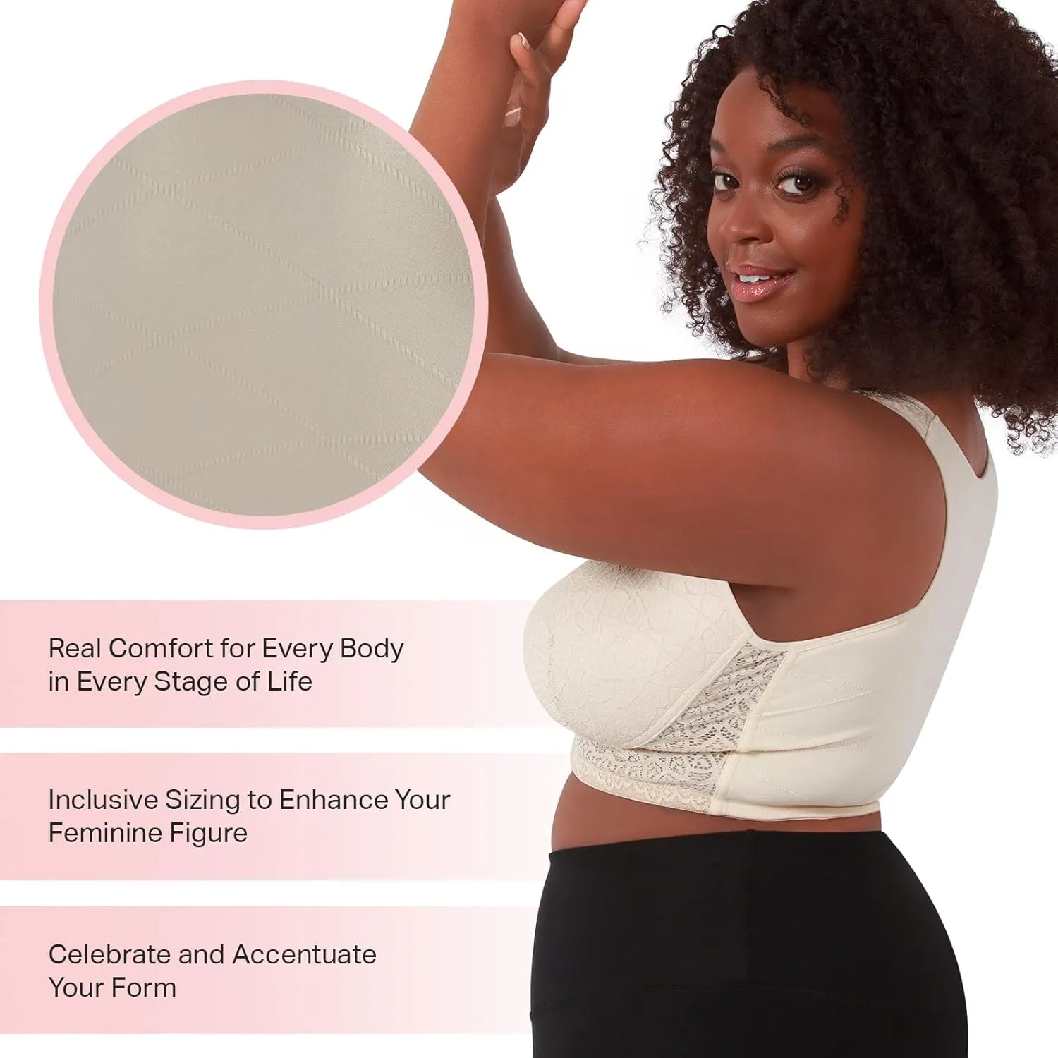 LEADING LADY, The Lora, Wireless Bra, Seamless Flat Back, Front-Closure, Lace Overlay, Lightly Padded Cups, Side Smoothing