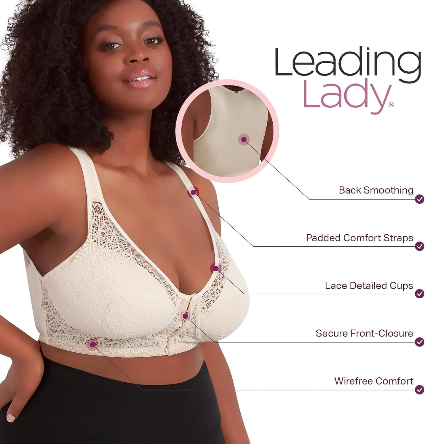 LEADING LADY, The Lora, Wireless Bra, Seamless Flat Back, Front-Closure, Lace Overlay, Lightly Padded Cups, Side Smoothing