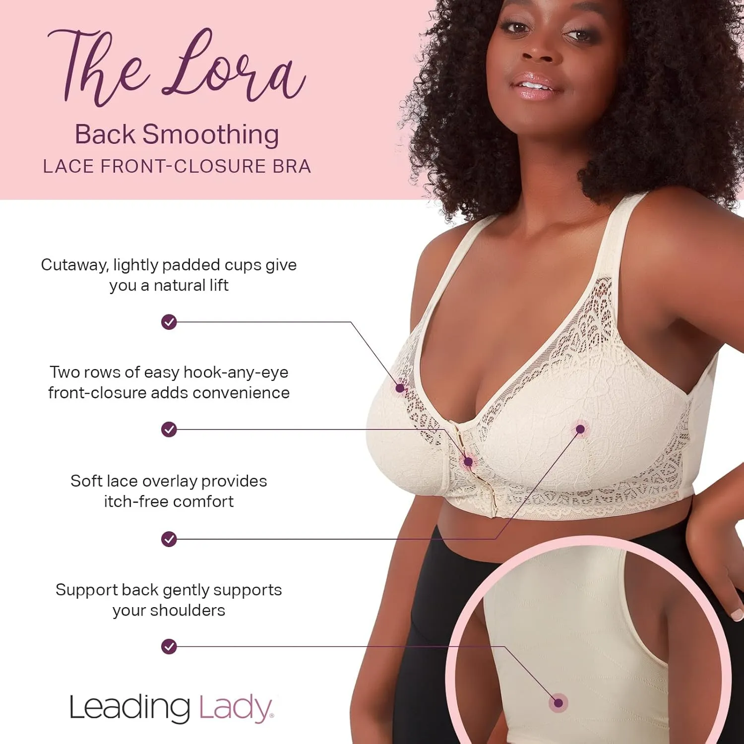 LEADING LADY, The Lora, Wireless Bra, Seamless Flat Back, Front-Closure, Lace Overlay, Lightly Padded Cups, Side Smoothing