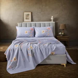 Lemfux Queen Sheet Set 4 Pieces Cotton Floral Pattern Vintage Purple Sheet Set, Garden Style Shabby Chic Soft Bed Sheet 1 Flat Sheet 102"x98", 1 Fitted Sheet 60"x80", 2 Pillowcases 20"x29"