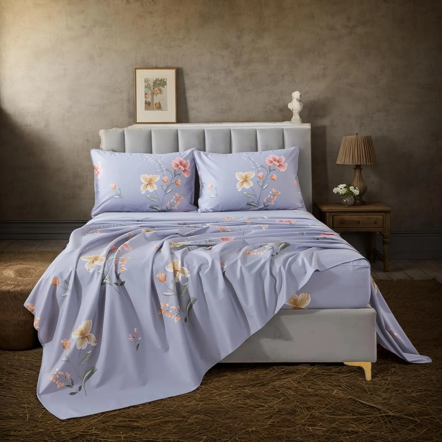 Lemfux Queen Sheet Set 4 Pieces Cotton Floral Pattern Vintage Purple Sheet Set, Garden Style Shabby Chic Soft Bed Sheet 1 Flat Sheet 102"x98", 1 Fitted Sheet 60"x80", 2 Pillowcases 20"x29"
