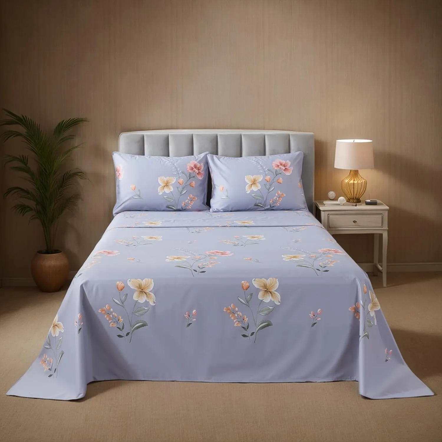 Lemfux Queen Sheet Set 4 Pieces Cotton Floral Pattern Vintage Purple Sheet Set, Garden Style Shabby Chic Soft Bed Sheet 1 Flat Sheet 102"x98", 1 Fitted Sheet 60"x80", 2 Pillowcases 20"x29"