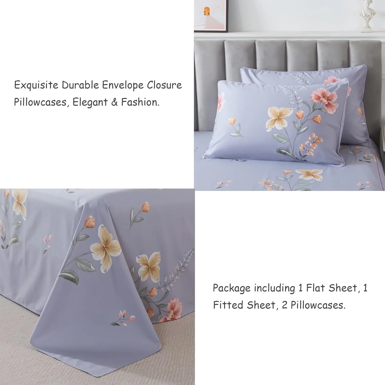 Lemfux Queen Sheet Set 4 Pieces Cotton Floral Pattern Vintage Purple Sheet Set, Garden Style Shabby Chic Soft Bed Sheet 1 Flat Sheet 102"x98", 1 Fitted Sheet 60"x80", 2 Pillowcases 20"x29"