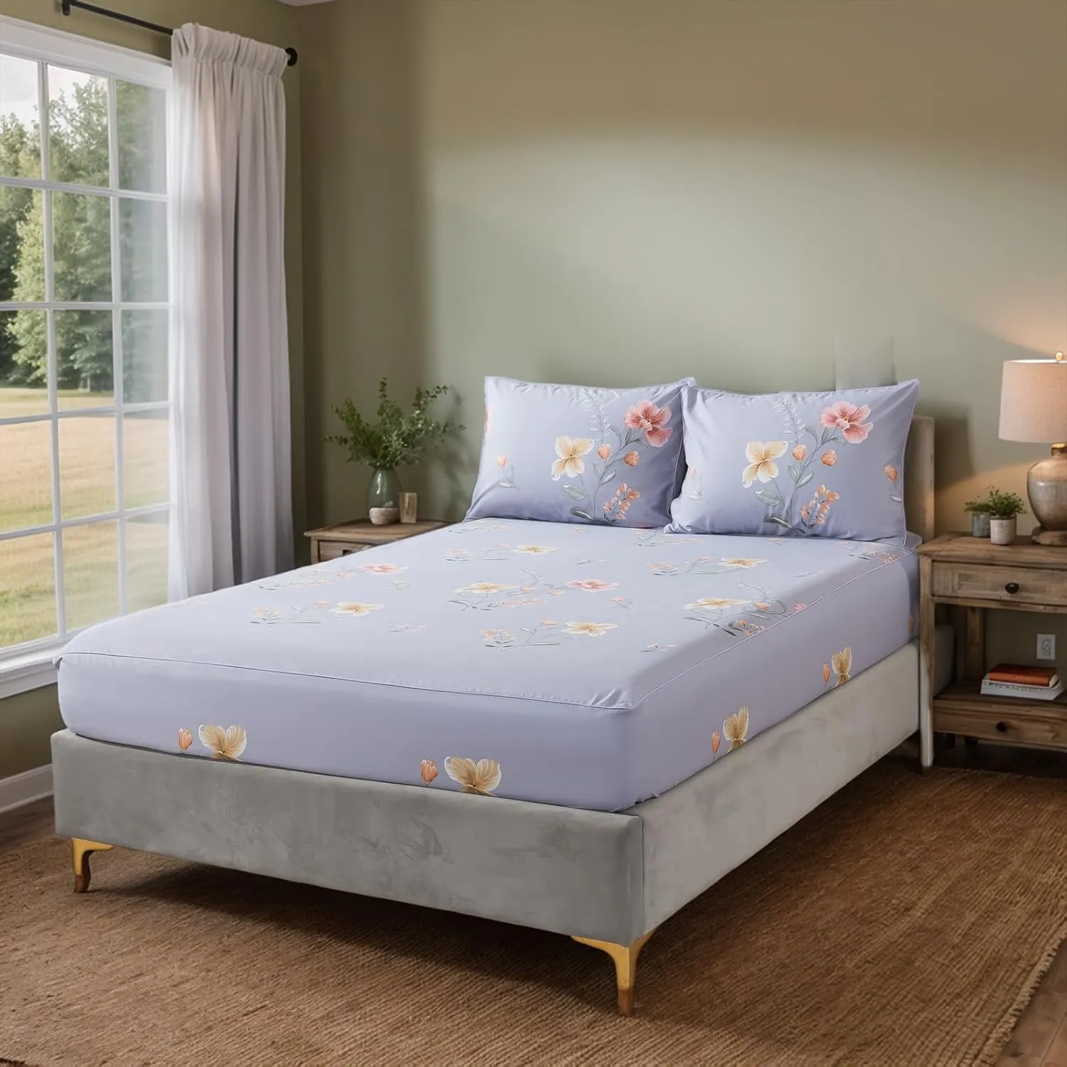 Lemfux Queen Sheet Set 4 Pieces Cotton Floral Pattern Vintage Purple Sheet Set, Garden Style Shabby Chic Soft Bed Sheet 1 Flat Sheet 102"x98", 1 Fitted Sheet 60"x80", 2 Pillowcases 20"x29"