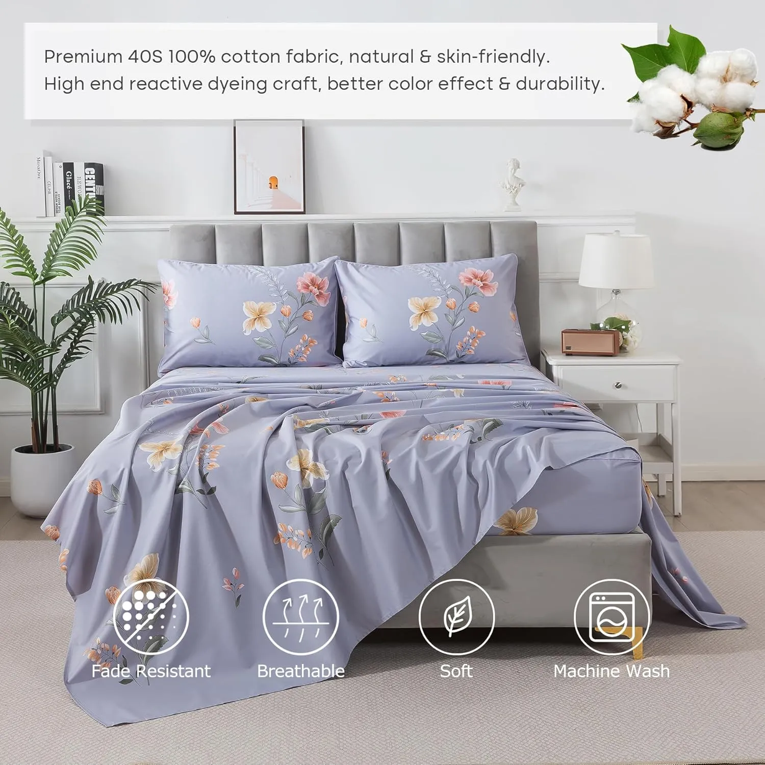 Lemfux Queen Sheet Set 4 Pieces Cotton Floral Pattern Vintage Purple Sheet Set, Garden Style Shabby Chic Soft Bed Sheet 1 Flat Sheet 102"x98", 1 Fitted Sheet 60"x80", 2 Pillowcases 20"x29"