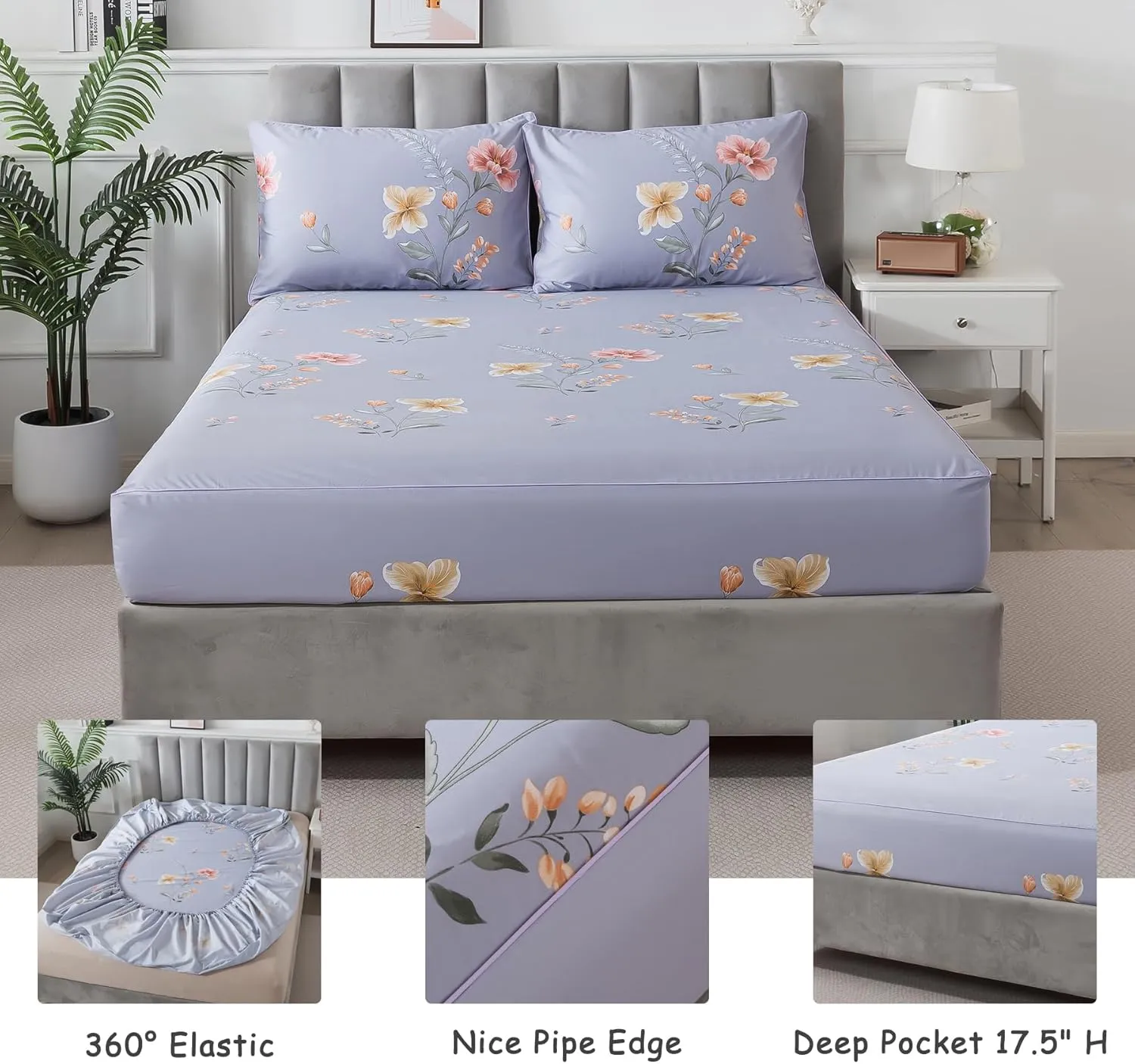 Lemfux Queen Sheet Set 4 Pieces Cotton Floral Pattern Vintage Purple Sheet Set, Garden Style Shabby Chic Soft Bed Sheet 1 Flat Sheet 102"x98", 1 Fitted Sheet 60"x80", 2 Pillowcases 20"x29"