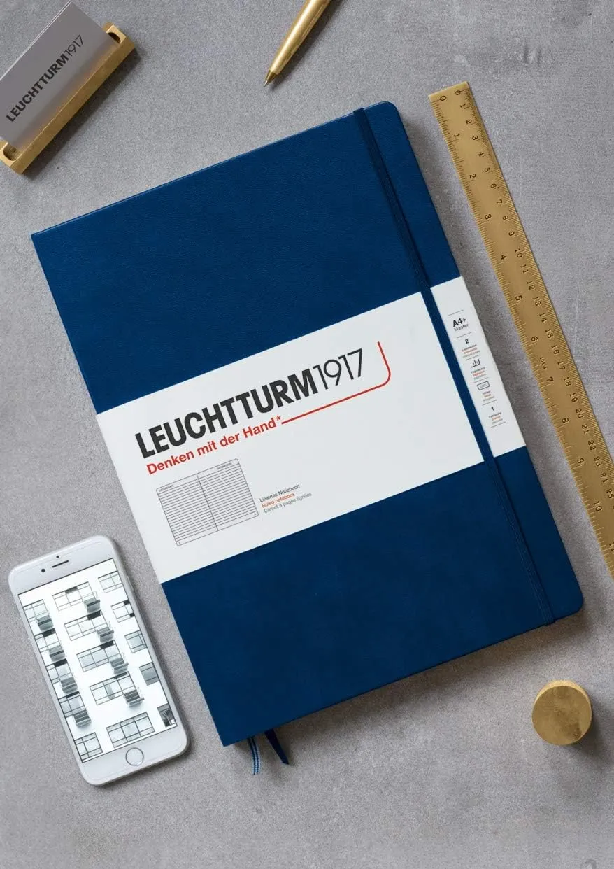 LEUCHTTURM1917 - Notebook Hardcover Master Classic A4  - 235 Numbered Pages for Writing and Journaling (Navy, Squared)