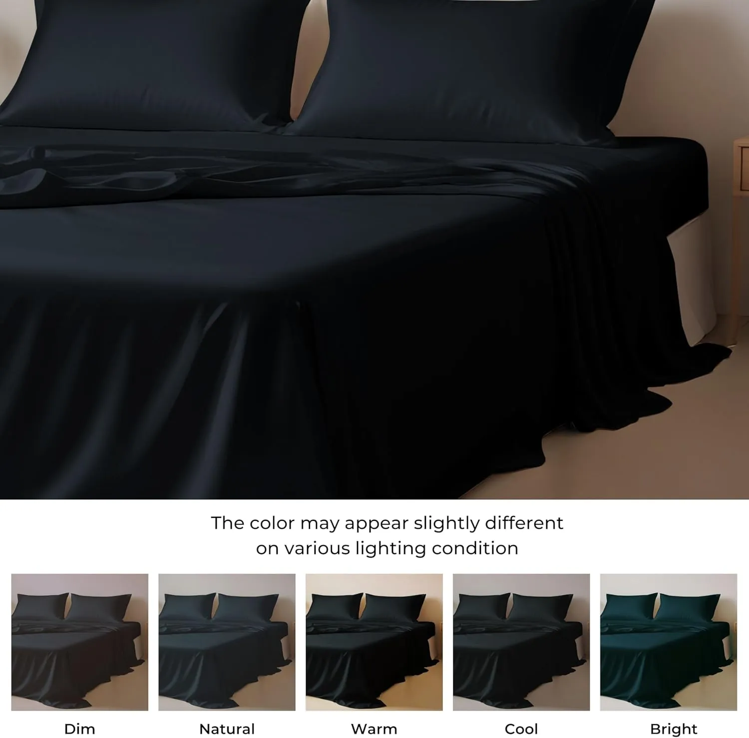 Linenwalas Black Silk Queen Sheets Set, 4Pc - Softest & Cooling, Deep Pocket Bottom, Large Top & Pillowcases