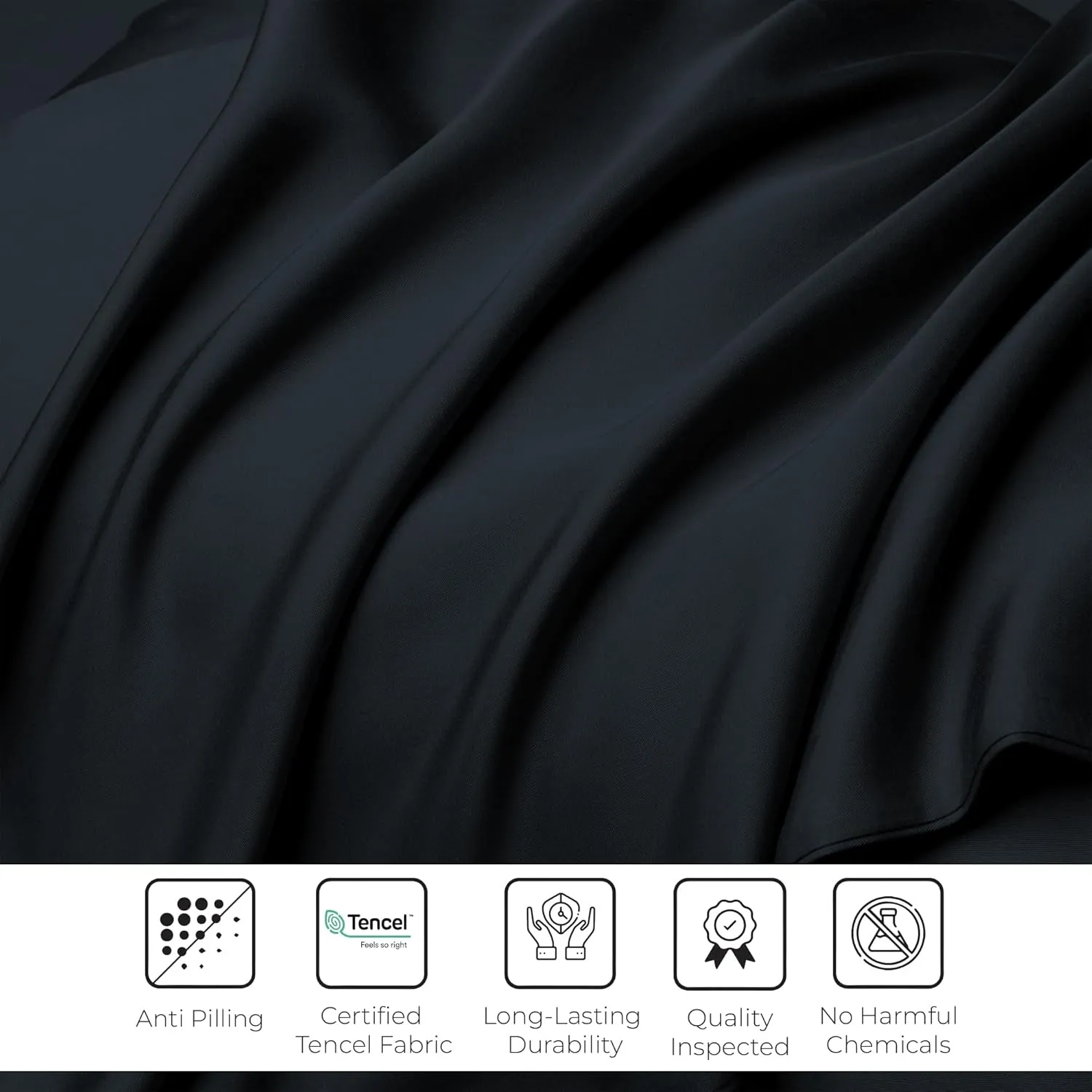 Linenwalas Black Silk Queen Sheets Set, 4Pc - Softest & Cooling, Deep Pocket Bottom, Large Top & Pillowcases