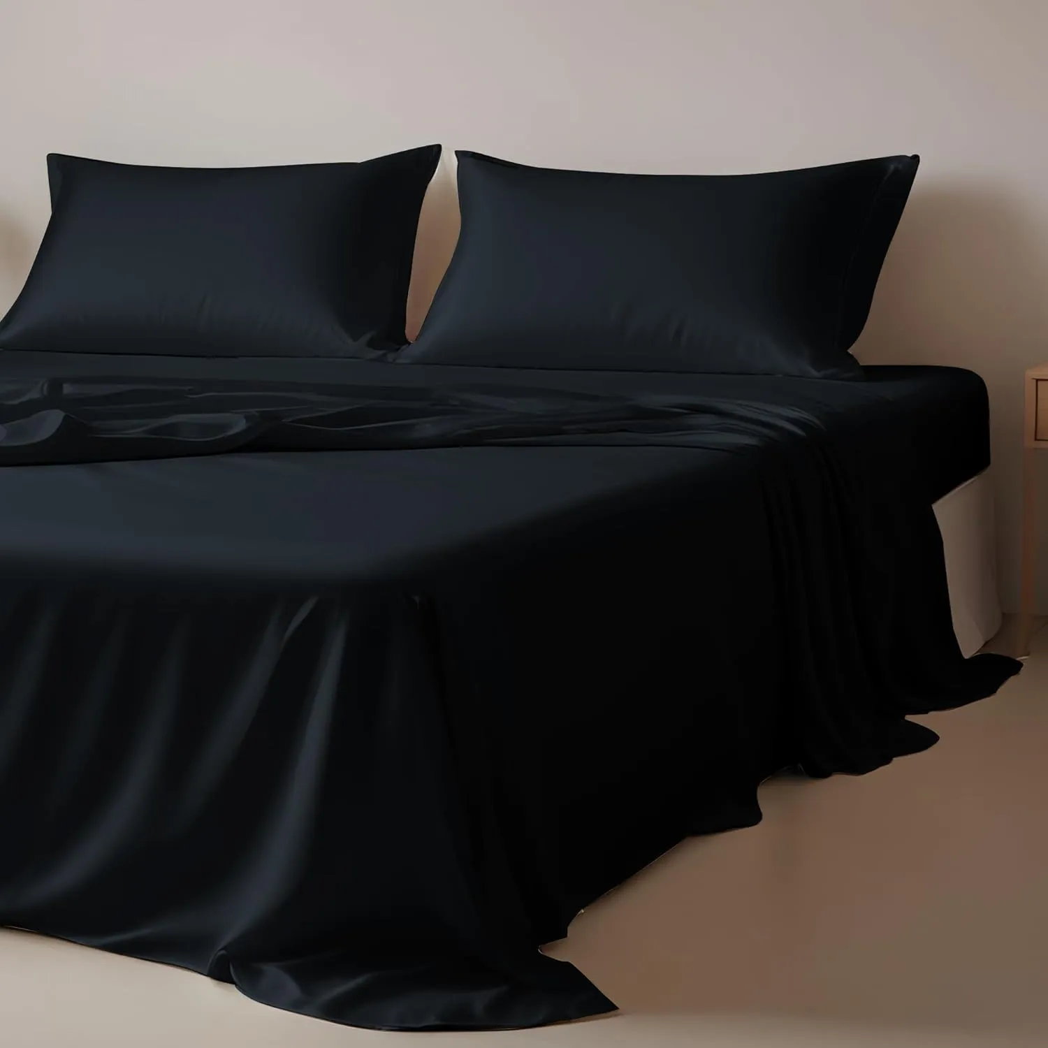 Linenwalas Black Silk Queen Sheets Set, 4Pc - Softest & Cooling, Deep Pocket Bottom, Large Top & Pillowcases