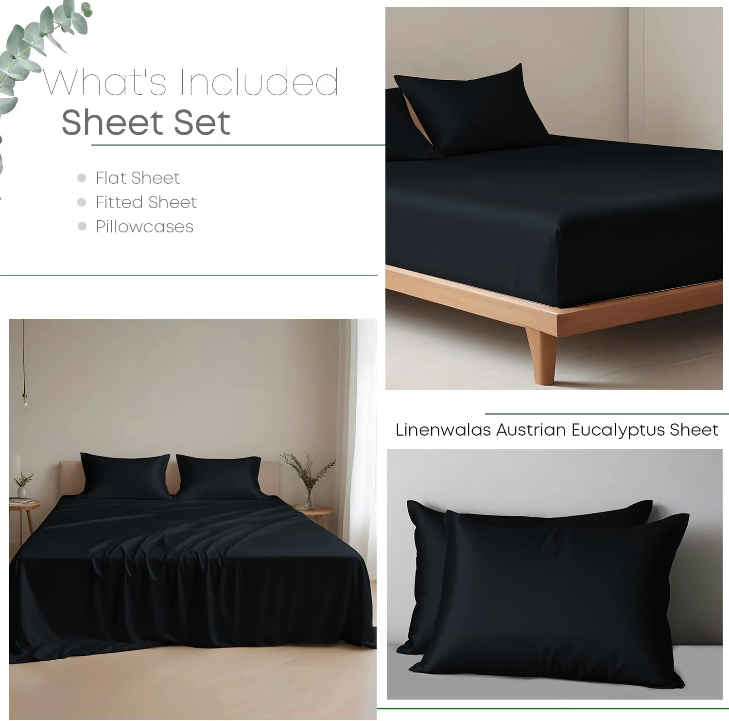Linenwalas Black Silk Queen Sheets Set, 4Pc - Softest & Cooling, Deep Pocket Bottom, Large Top & Pillowcases