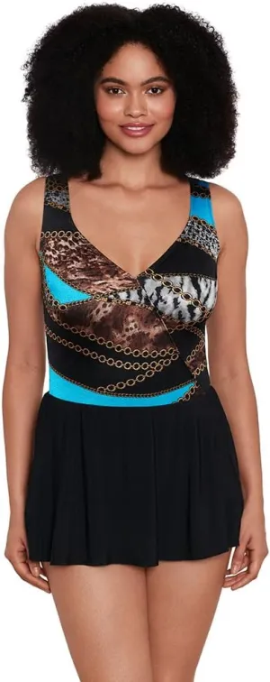 Longitude Women's Swimwear Mock Surplice Soft Cup One Piece Swimdress with Pockets