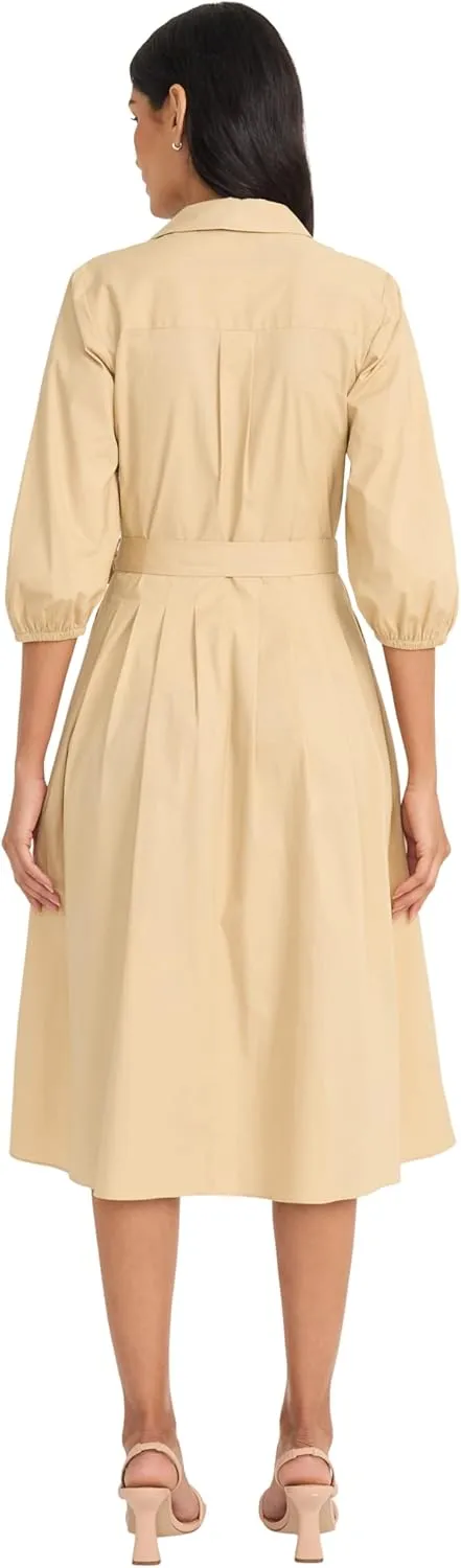 Maggy London Women's Button Down Collared Midi Dress with Pockets-3/4 Balloon Sleeve-A-line Shirtdress