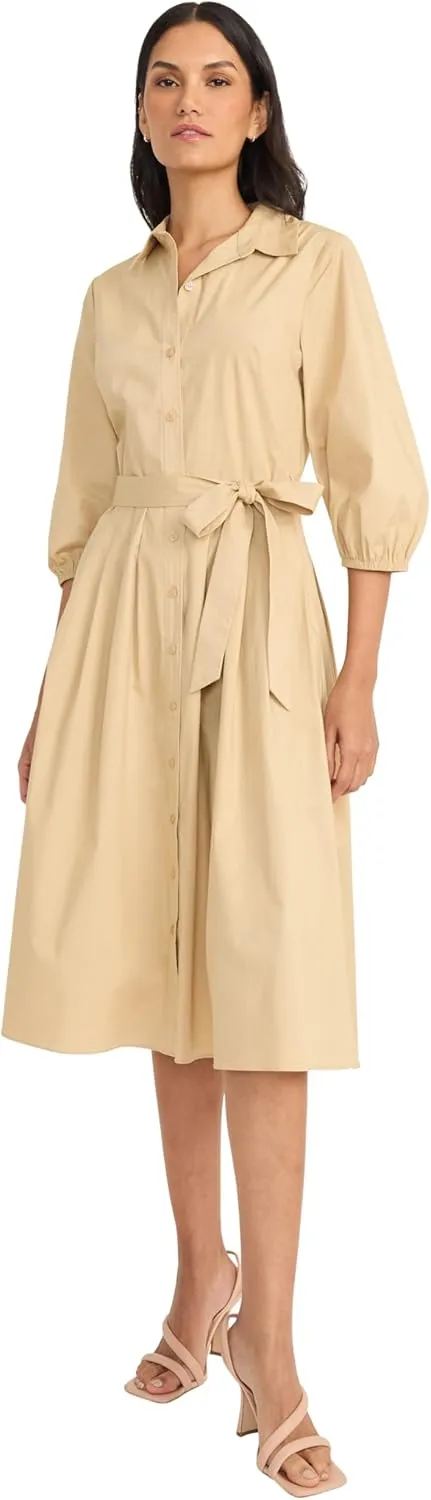 Maggy London Women's Button Down Collared Midi Dress with Pockets-3/4 Balloon Sleeve-A-line Shirtdress