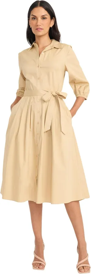 Maggy London Women's Button Down Collared Midi Dress with Pockets-3/4 Balloon Sleeve-A-line Shirtdress