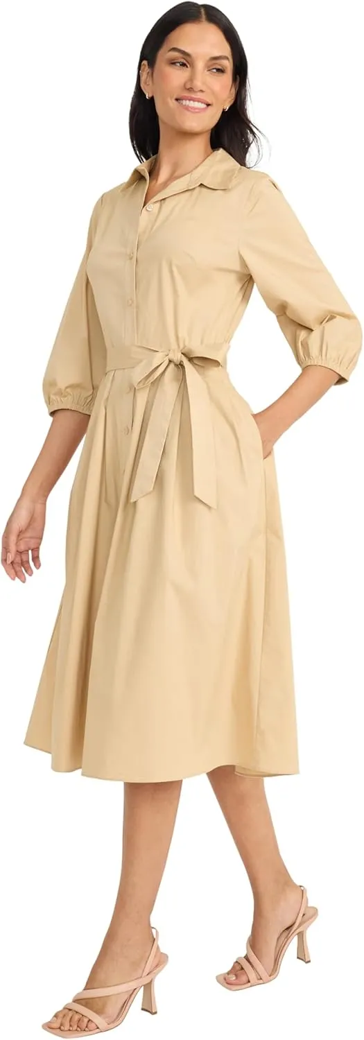 Maggy London Women's Button Down Collared Midi Dress with Pockets-3/4 Balloon Sleeve-A-line Shirtdress