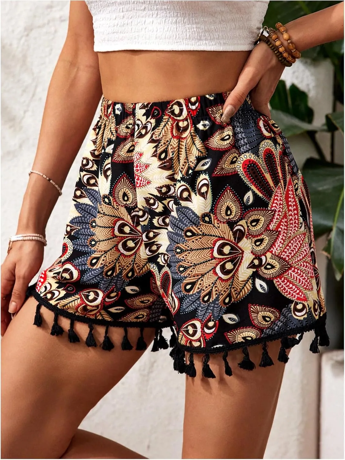 MakeMeChic Women's Floral Print Shorts Tassel Hem Elastic Waist Wide Leg Summer Boho Shorts