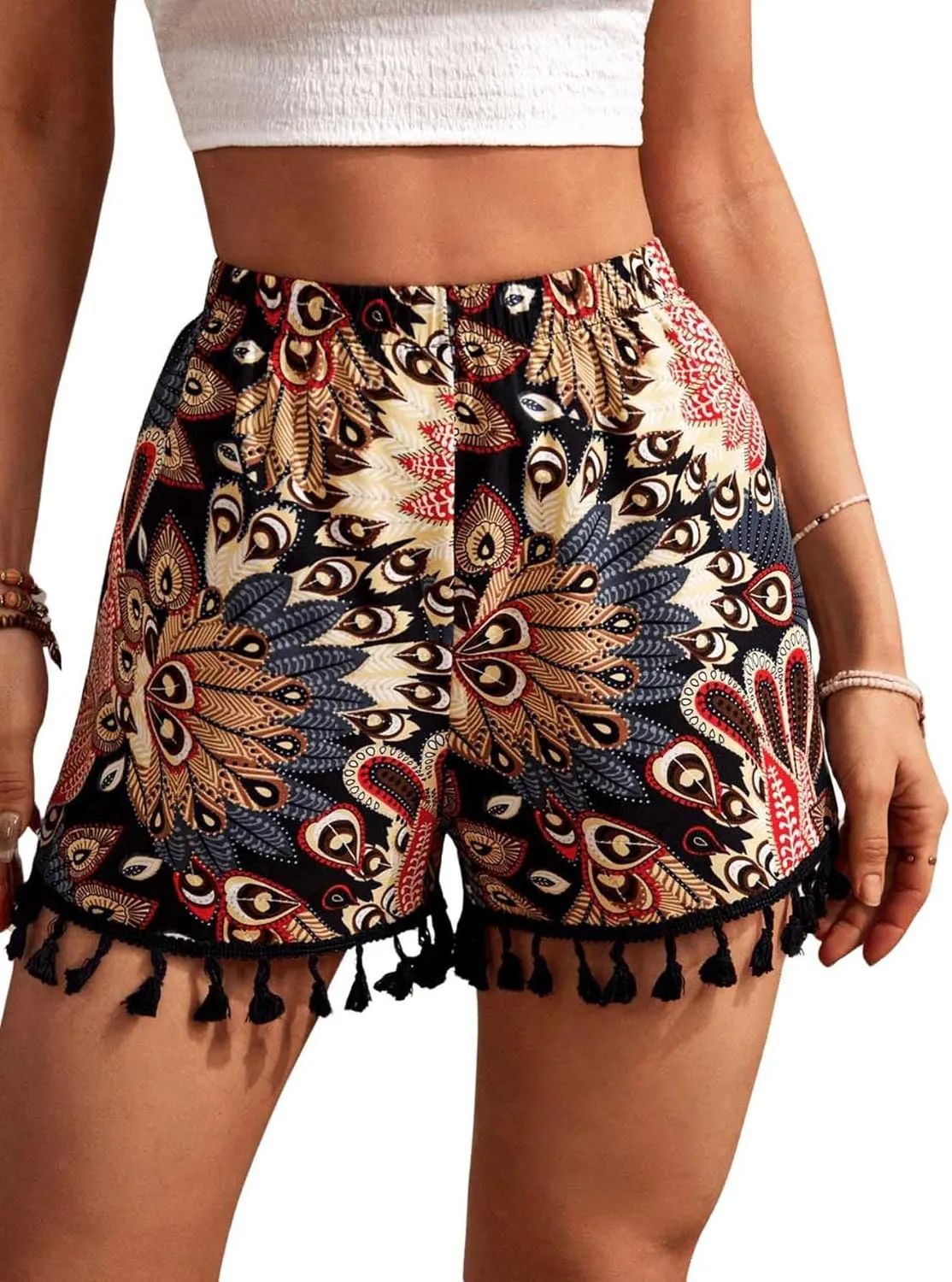 MakeMeChic Women's Floral Print Shorts Tassel Hem Elastic Waist Wide Leg Summer Boho Shorts