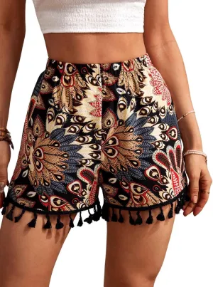 MakeMeChic Women's Floral Print Shorts Tassel Hem Elastic Waist Wide Leg Summer Boho Shorts