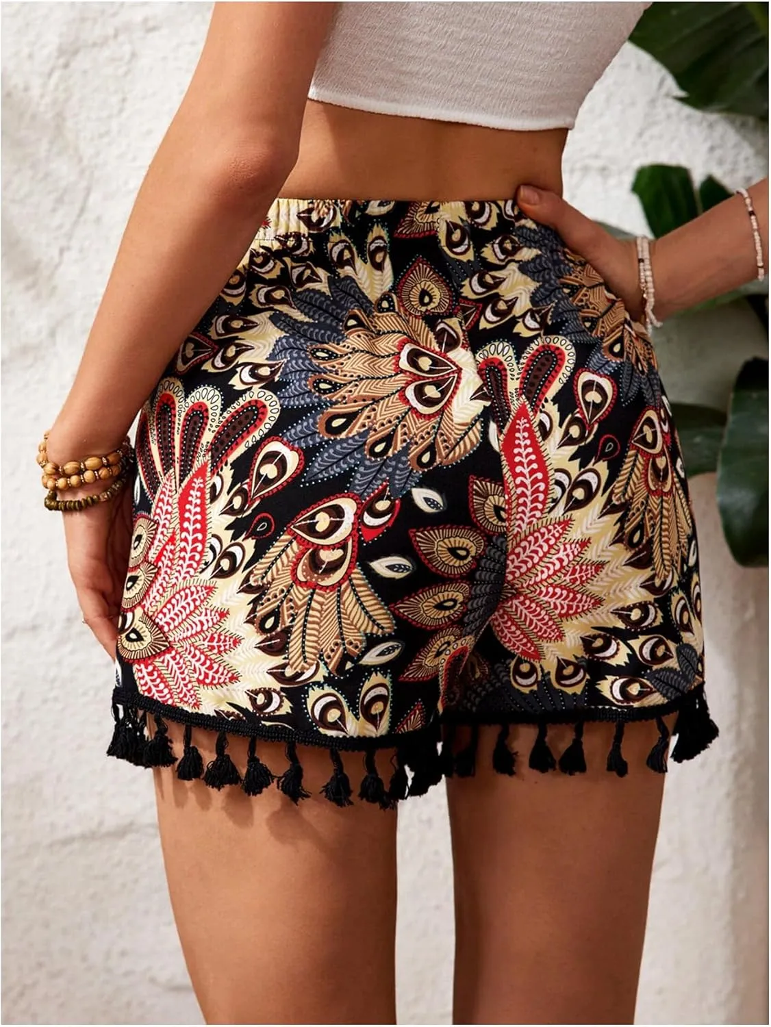 MakeMeChic Women's Floral Print Shorts Tassel Hem Elastic Waist Wide Leg Summer Boho Shorts