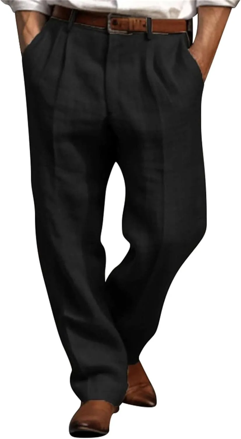 Men Casual Pants Linen Double Pleated Front Bag Belt Straight Leg Trousers Comfortable Breathable Business Work Pants