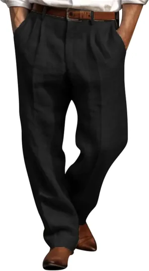 Men Casual Pants Linen Double Pleated Front Bag Belt Straight Leg Trousers Comfortable Breathable Business Work Pants