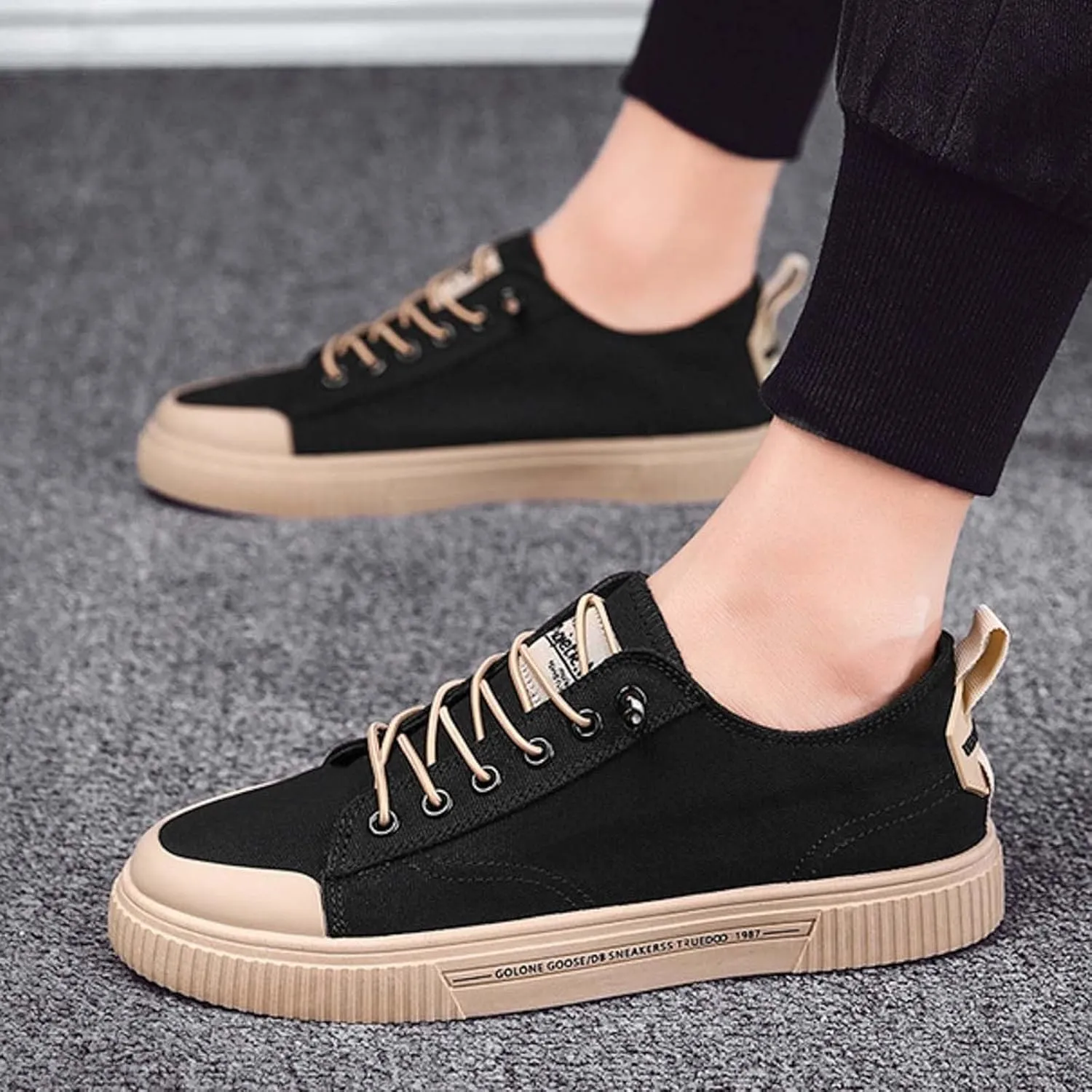 Men's Breathable Canvas Shoes Lace Up Walking Shoes Soft Flat Slip on Casual Shoes Comfortable Casual Men Leather Shoe