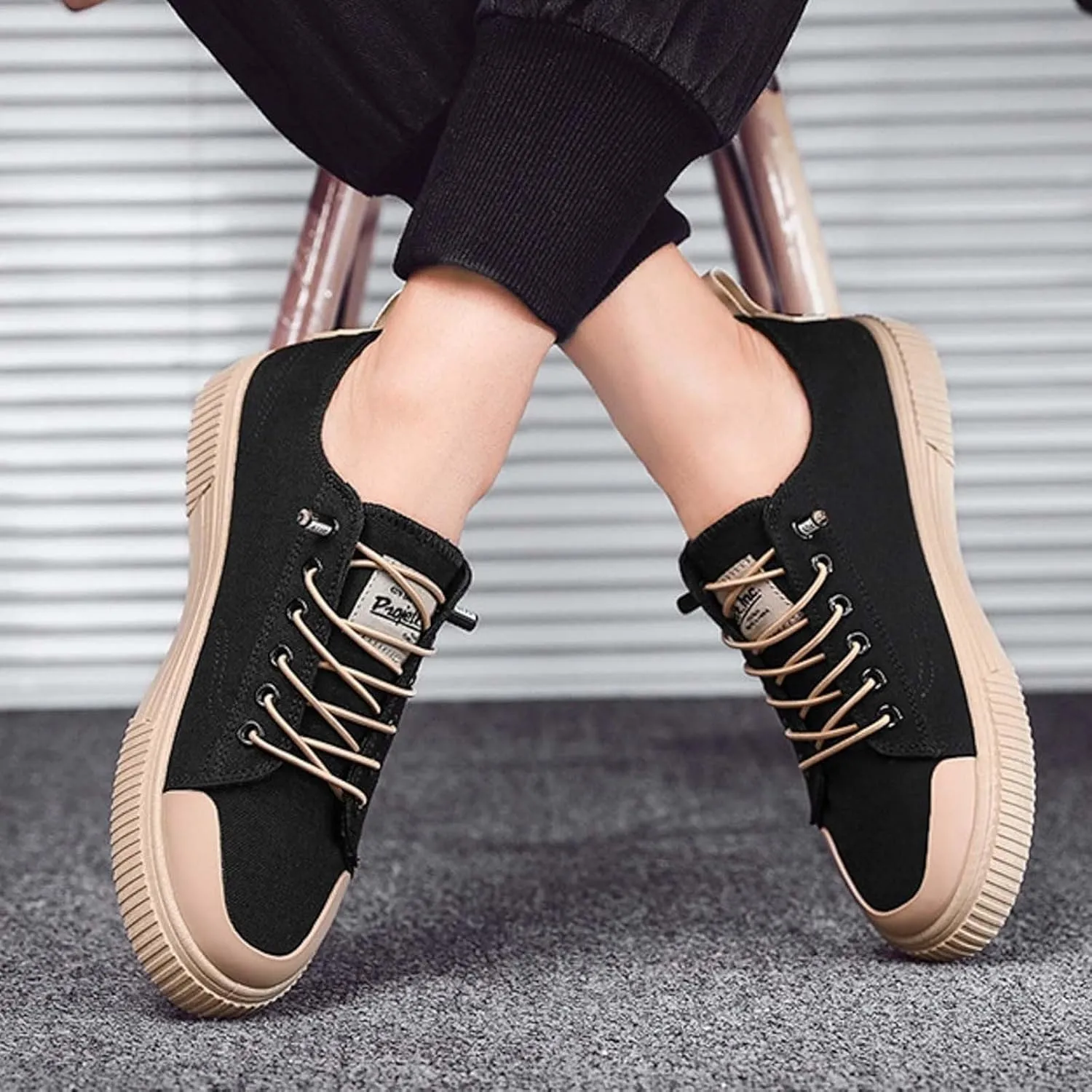 Men's Breathable Canvas Shoes Lace Up Walking Shoes Soft Flat Slip on Casual Shoes Comfortable Casual Men Leather Shoe
