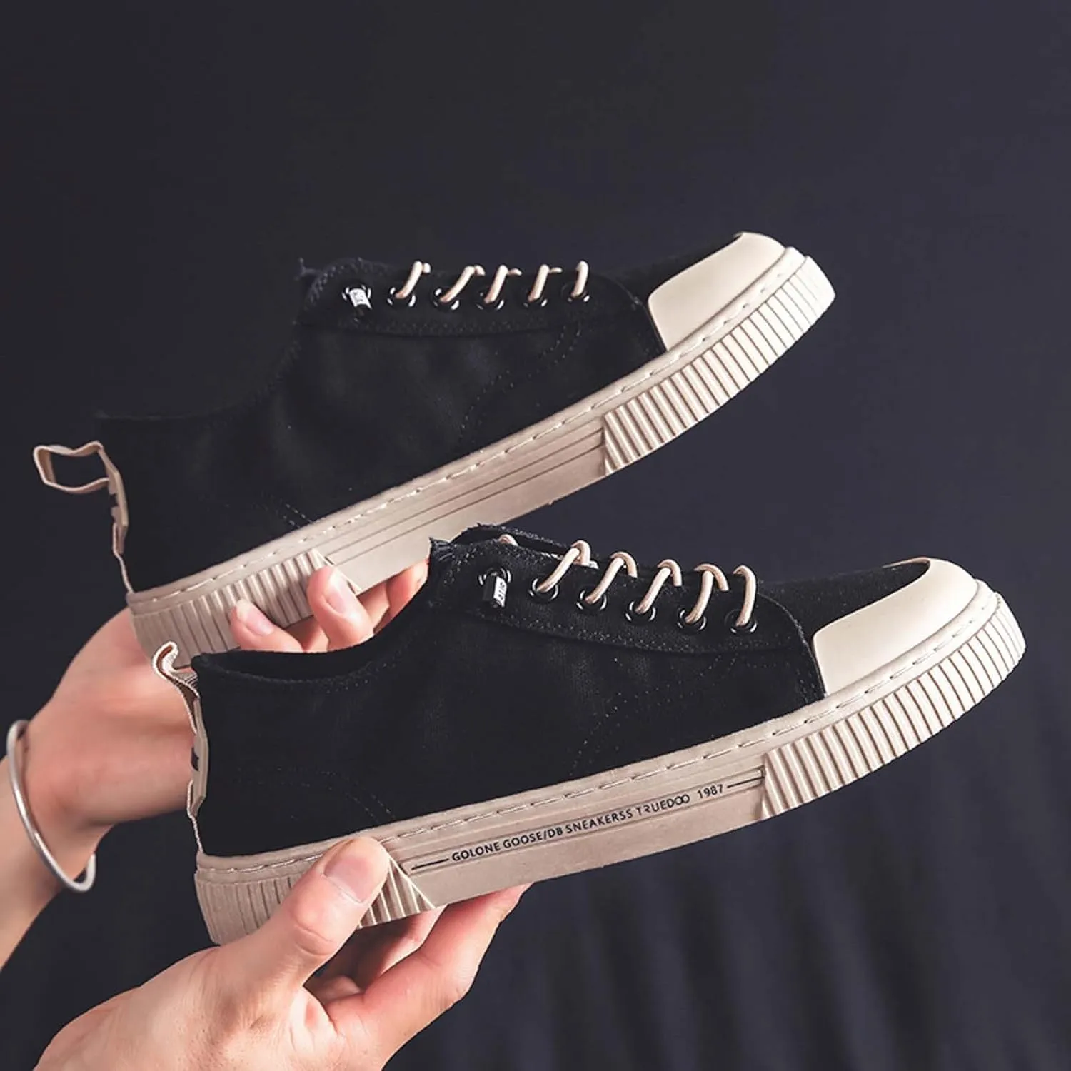 Men's Breathable Canvas Shoes Lace Up Walking Shoes Soft Flat Slip on Casual Shoes Comfortable Casual Men Leather Shoe