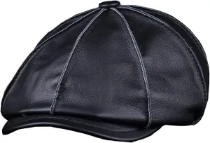 Men's Genuine Cowhide Leather Octagonal Cap Vintage Newsboy Hat Driving Flat Winter Male Artist Cap