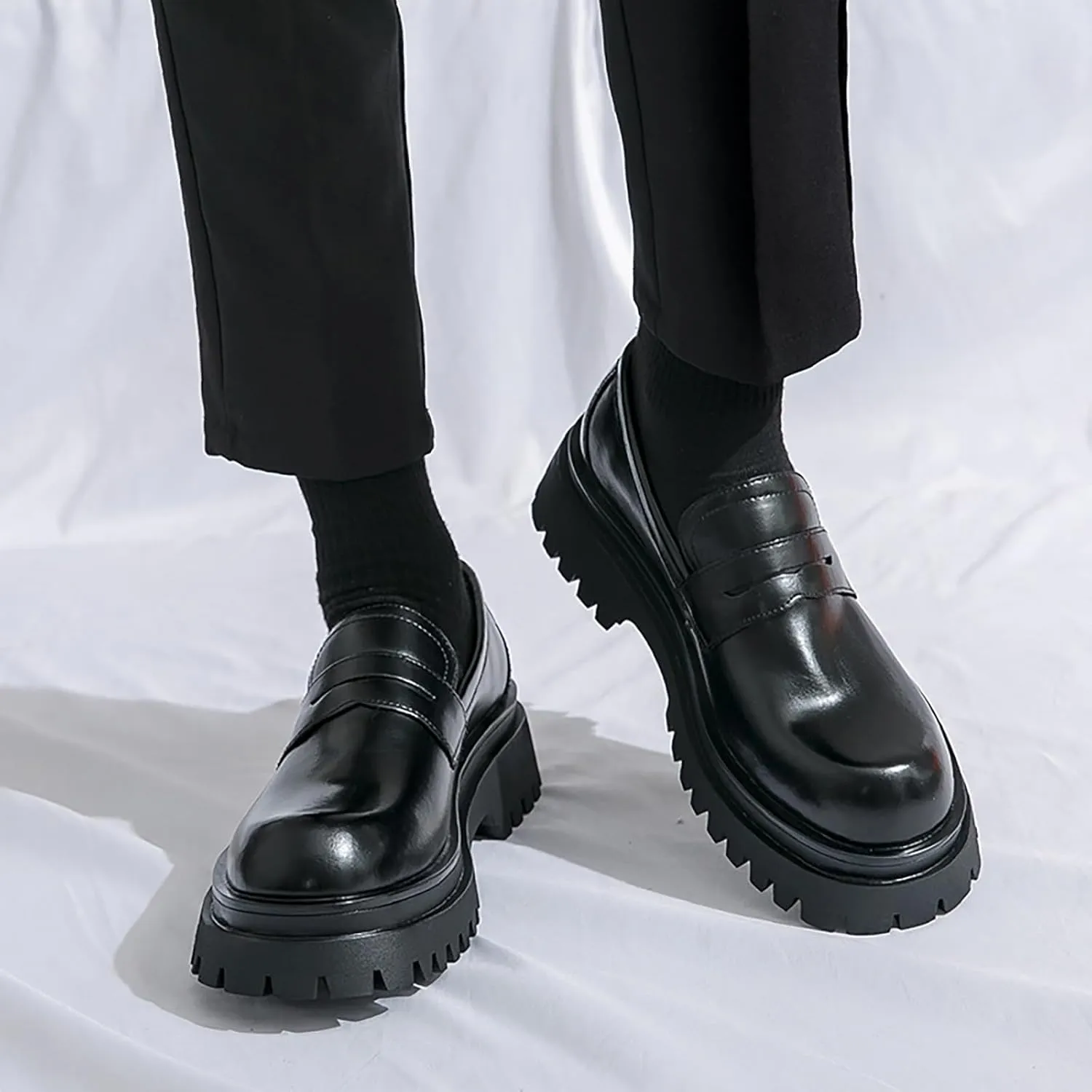 Men's Leather Platform Slip-On Loafers Round Top Chunky Heel Lug Sole Penny Dress Shoes Low Top Non-Slip Comfortable Work Business Shoes