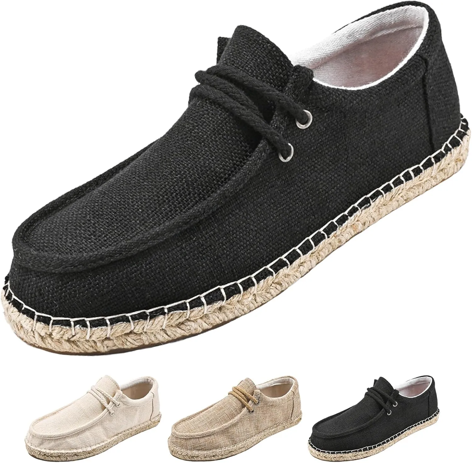 Men's Linen Canvas Loafers,Casual Breathable Slip-On Espadrille Flat Walking Shoes Round Toe Moccasins Boat Shoes