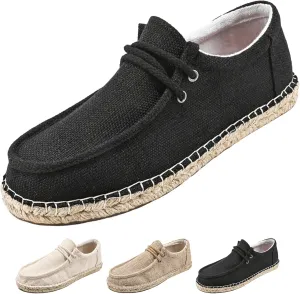 Men's Linen Canvas Loafers,Casual Breathable Slip-On Espadrille Flat Walking Shoes Round Toe Moccasins Boat Shoes