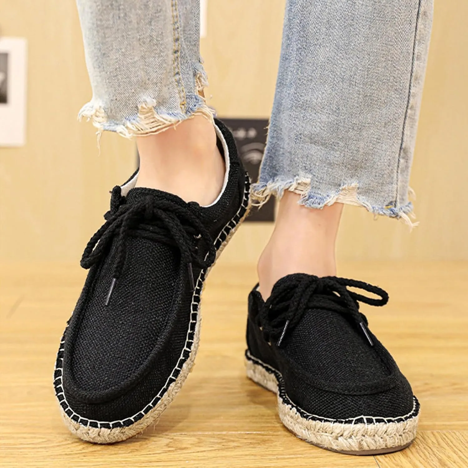Men's Linen Canvas Loafers,Casual Breathable Slip-On Espadrille Flat Walking Shoes Round Toe Moccasins Boat Shoes