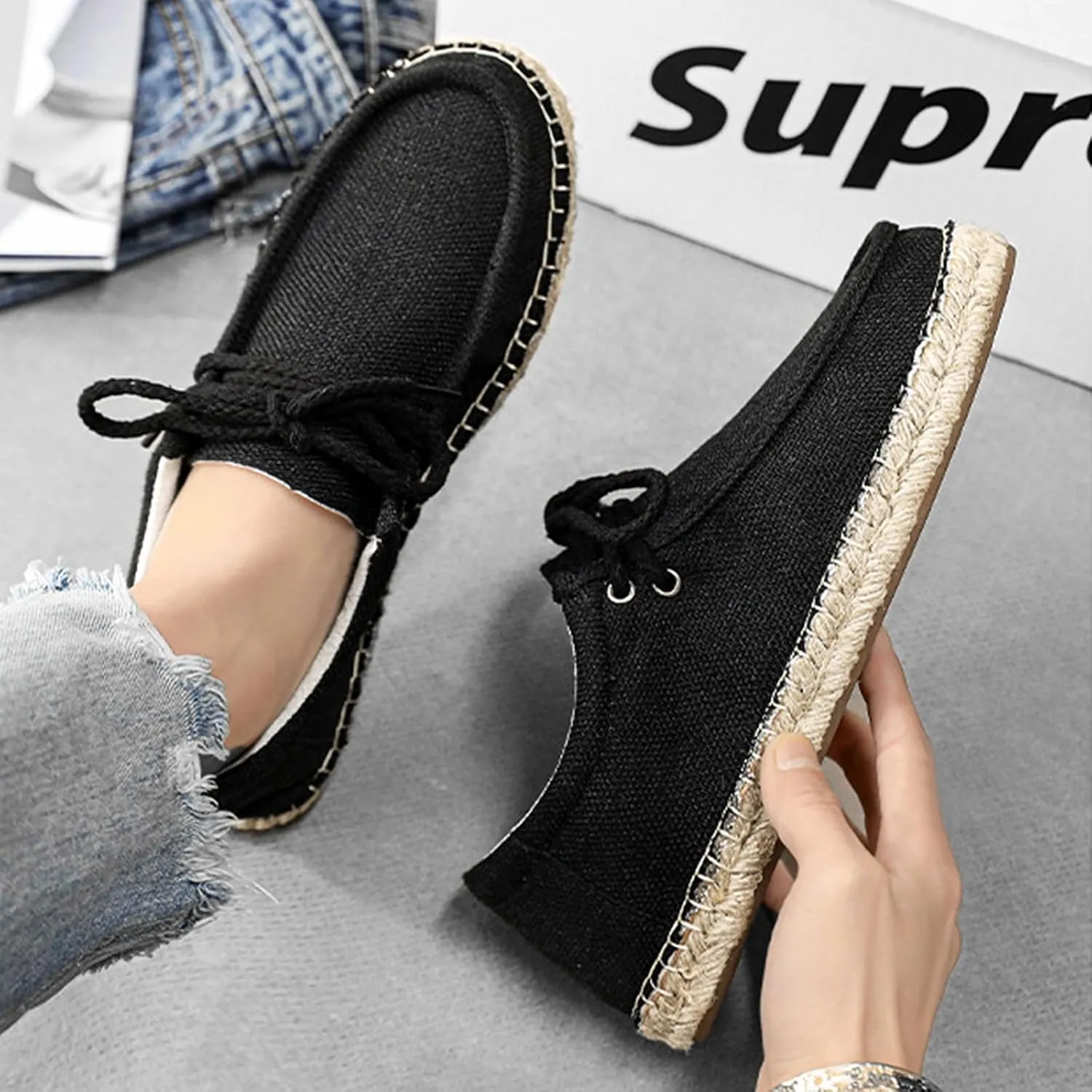 Men's Linen Canvas Loafers,Casual Breathable Slip-On Espadrille Flat Walking Shoes Round Toe Moccasins Boat Shoes
